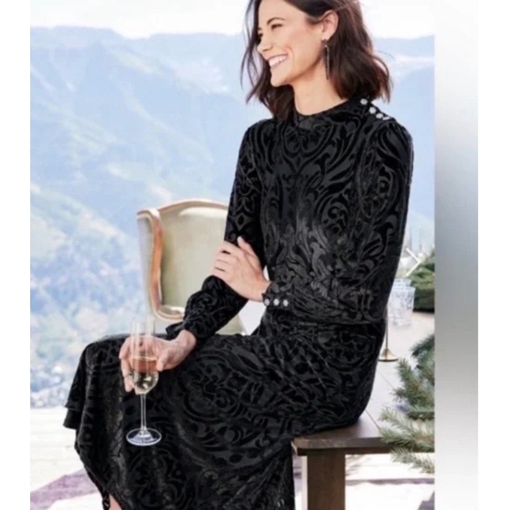 Soft Surroundings Hadley Black  Burnout Velvet Midi Dress Metallic 12‎  witchy